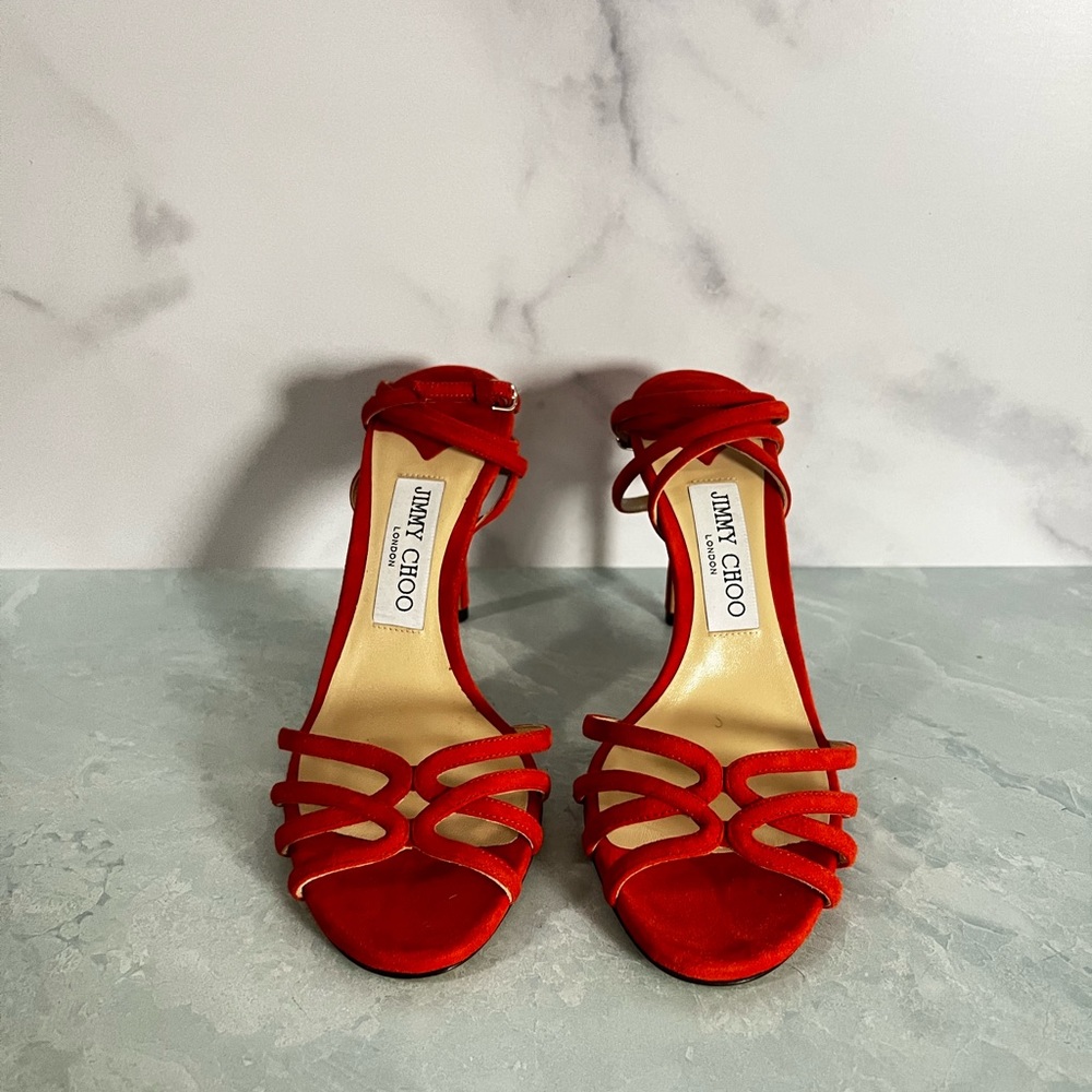 Jimmy Choo Mimi 100 Ankle Wrap Sandal Heel - Orange Suede - Size 37.5
